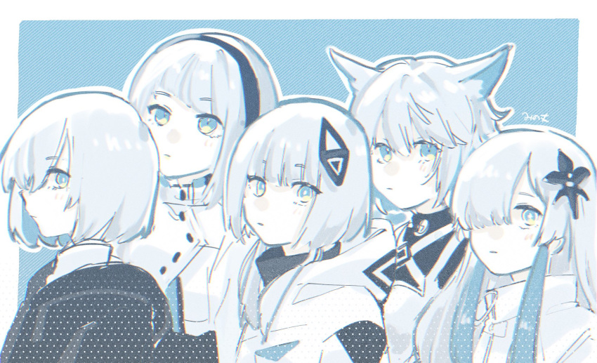 5girls, animal_ears, annotated, artist_name, bangs, black_jacket, blue_background, blue_theme