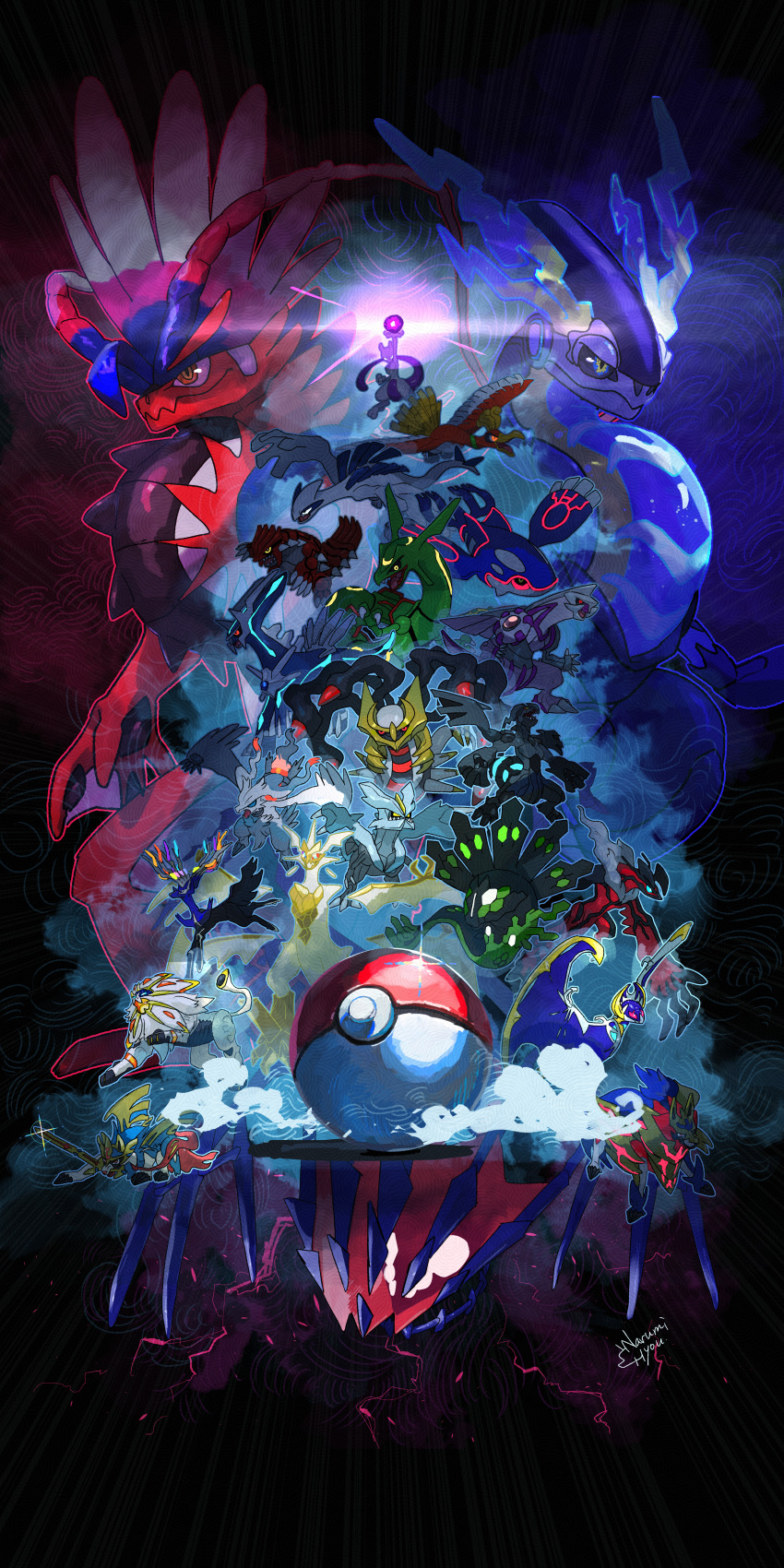 absurdres, arm_up, claws, dark_background, dialga, energy_ball, eternatus, eternatus_(normal)
