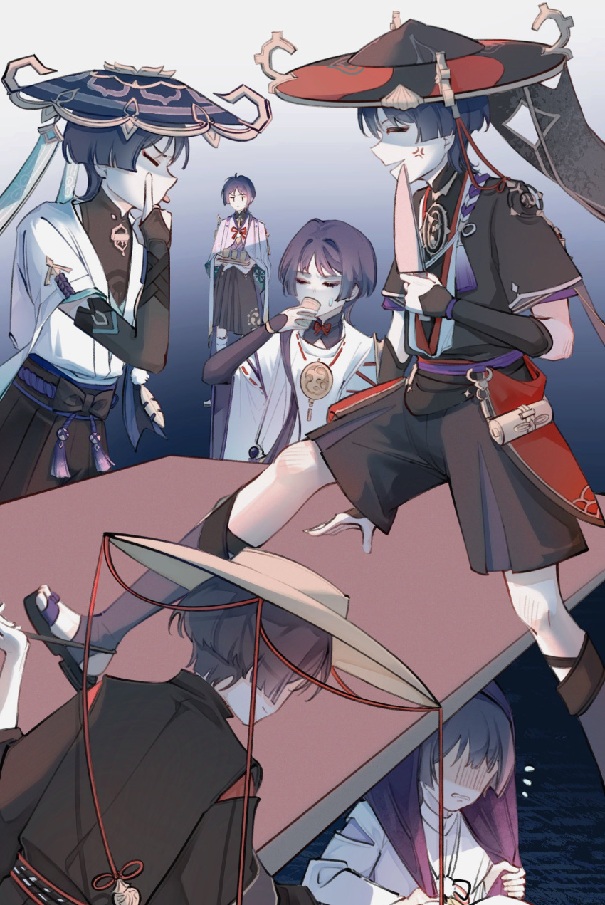 5boys, absurdres, ahoge, anger_vein, arm_armor, artist_name, back, bangs, belt, black_belt, black_bow, black_footwear, black_headwear, black_shirt, black_shorts, black_vest, blue_background, blue_hair, blue_headwear, blue_vest, blunt_ends, blush, bow, bowtie, brown_headwear, closed_eyes, closed_mouth, cup, detached_sleeves, drink, drinking, flying_sweatdrops, genshin_impact, gold, gradient, gradient_background, grey_pants, grey_socks, hair_between_eyes, hand_up, hat, highres, holding, holding_weapon, jewelry, jingasa, knife, kuronushi_(genshin_impact), leaf, leg_up, long_sleeves, looking_at_another, mandarin_collar, mitsudomoe_(shape), multiple_boys, multiple_persona, necklace, no_eyes, no_headwear, official_alternate_costume, open_clothes, open_mouth, open_vest, pants, pink_shirt, pom_pom_(clothes), purple_belt, purple_hair, purple_shirt, purple_socks, red_bow, red_bowtie, red_headwear, red_shirt, sandals, scaramouche_(genshin_impact), scaramouche_(kabukimono)_(genshin_impact), shaded_face, shirt, short_hair, short_sleeves, shorts, sitting, sleeveless, sleeveless_shirt, smile, socks, standing, sweat, sweatdrop, teeth, tomoe_(symbol), tongue, tongue_out, tray, two-tone_vest, v-shaped_eyebrows, veil, vest, violet_eyes, walking, wanderer_(genshin_impact), weapon, white_background, white_vest, wide_sleeves, yeyiqian