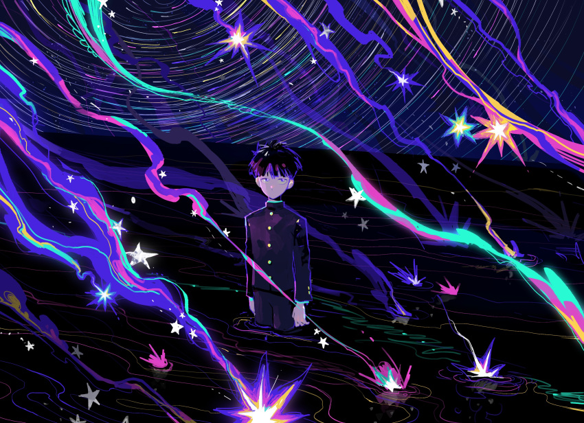 1boy, absurdres, bangs, black_hair, blunt_bangs, bowl_cut, buttons, formal, gakuran, highres, jacket, kageyama_shigeo, long_sleeves, male_focus, mob_psycho_100, mong_120, pants, scenery, school_uniform, shirt, short_hair, sky, solo, star_(sky), star_(symbol), starry_sky, suit
