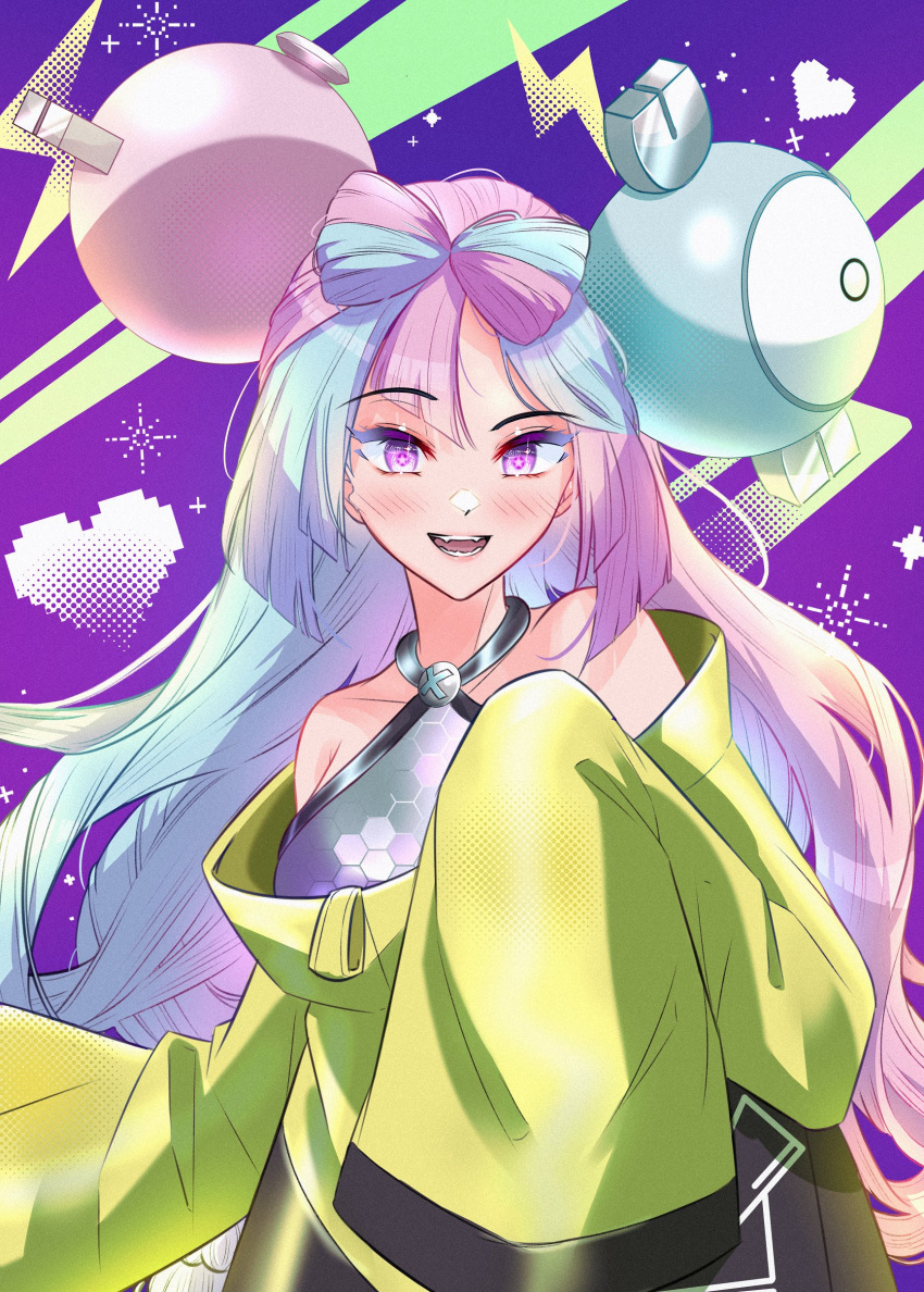 1girl, absurdres, bow-shaped_hair, character_hair_ornament, hair_ornament, hexagon_print, highres, iono_(pokemon)