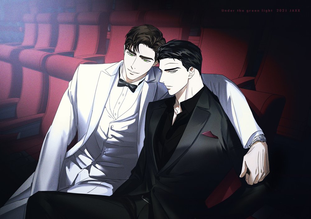2boys, arm_on_shoulder, artist_name, black_bow, black_bowtie, black_hair, black_jacket, black_pants