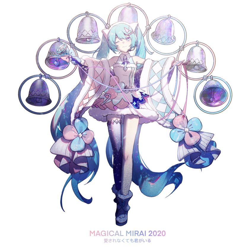 1girl, aqua_eyes, aqua_hair, asymmetrical_legwear, bangs, bell, boots, commentary