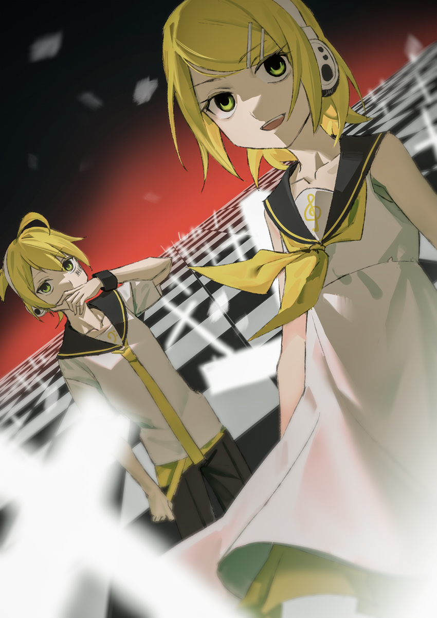 1boy, 1girl, antichlorobenzene_(vocaloid), barcode, barcode_tattoo, bare_arms, bass_clef, black_sailor_collar