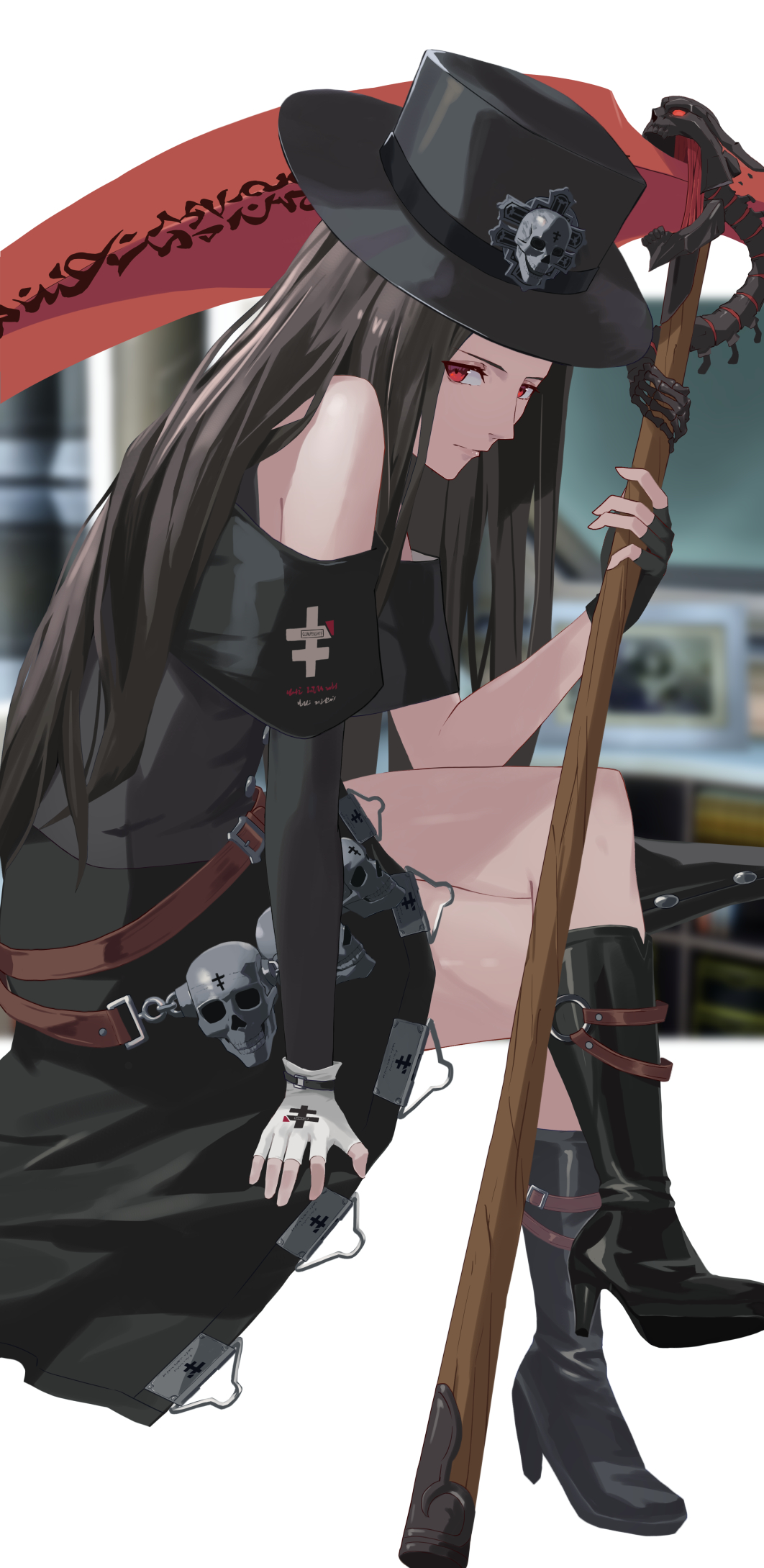 1other, black_hair, boots, gloves, guilty_gear, guilty_gear_strive, hat, highres, other_focus, red_eyes, scythe, skull, solo_focus, straight_hair, testament_(guilty_gear), thighs, top_hat, wuzhu_nis