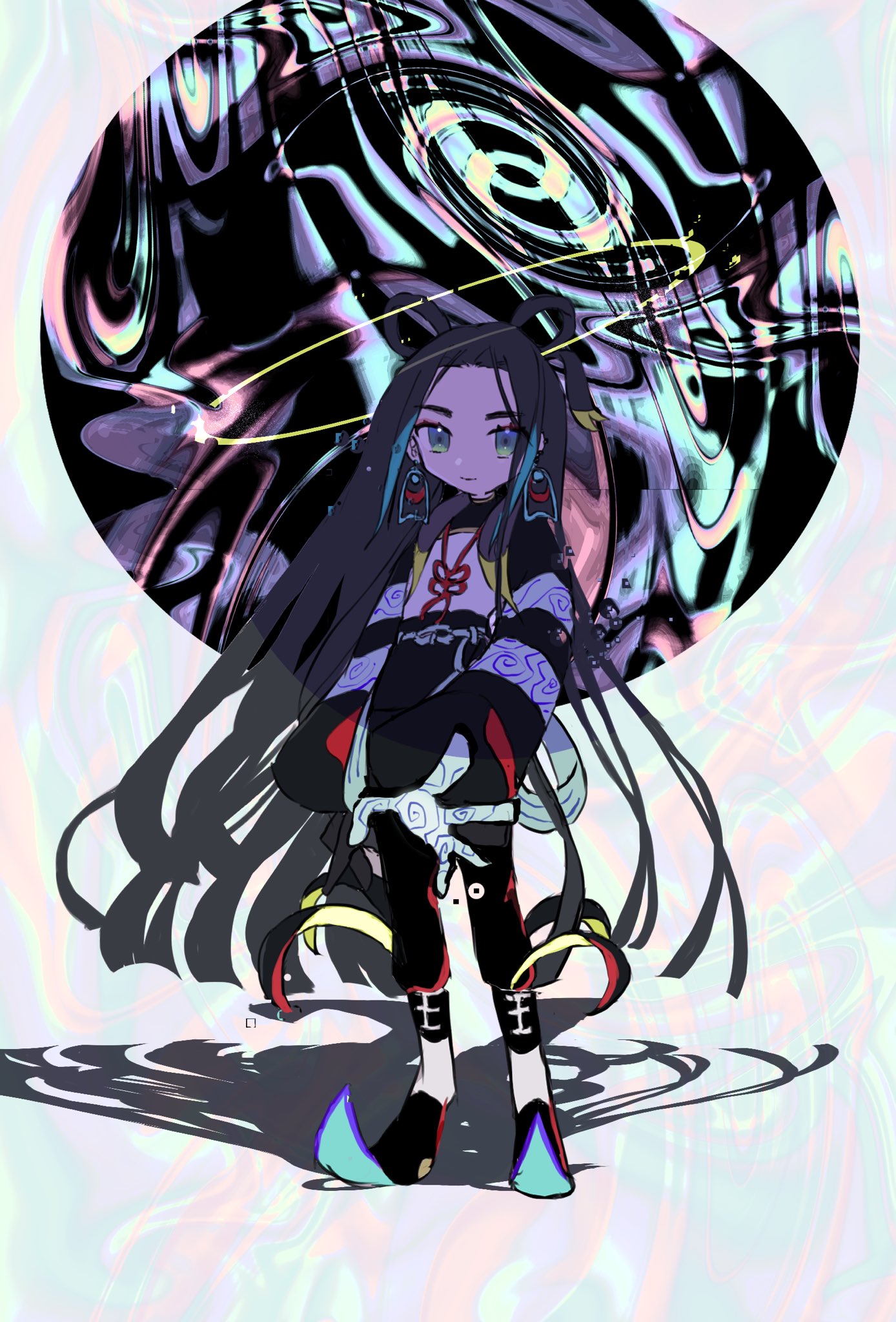 1boy, black_circle, black_hair, black_pants, boots, chinese_clothes, crop_top, earrings, fate/grand_order, fate_(series), full_body, gloves, green_eyes, hair_rings, halo, highres, jewelry, light_smile, long_hair, long_sleeves, looking_at_viewer, modotteku, open_hand, pants, pointy_footwear, ripples, shadow, solo, taisui_xingjun_(fate), very_long_hair, white_background