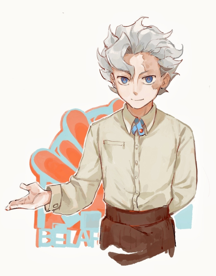 1boy, alternate_costume, arm_behind_back, asymmetrical_bangs, bangs, belafu_(human), blue_eyes, breast_pocket