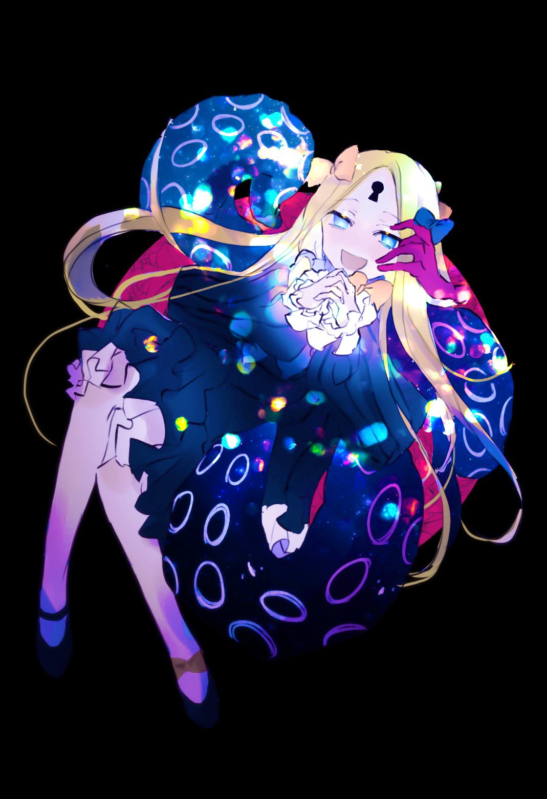 1girl, :d, abigail_williams_(fate), bangs, black_background, black_bow, black_dress, black_footwear, blonde_hair, blue_eyes, bow, disembodied_limb, dress, dress_shoes, empty_eyes, fate/grand_order, fate_(series), frilled_dress, frilled_sleeves, frills, hair_bow, highres, holding_another's_head, keyhole, long_hair, modotteku, multiple_hair_bows, orange_bow, own_hands_together, parted_bangs, smile, tentacles, very_long_hair
