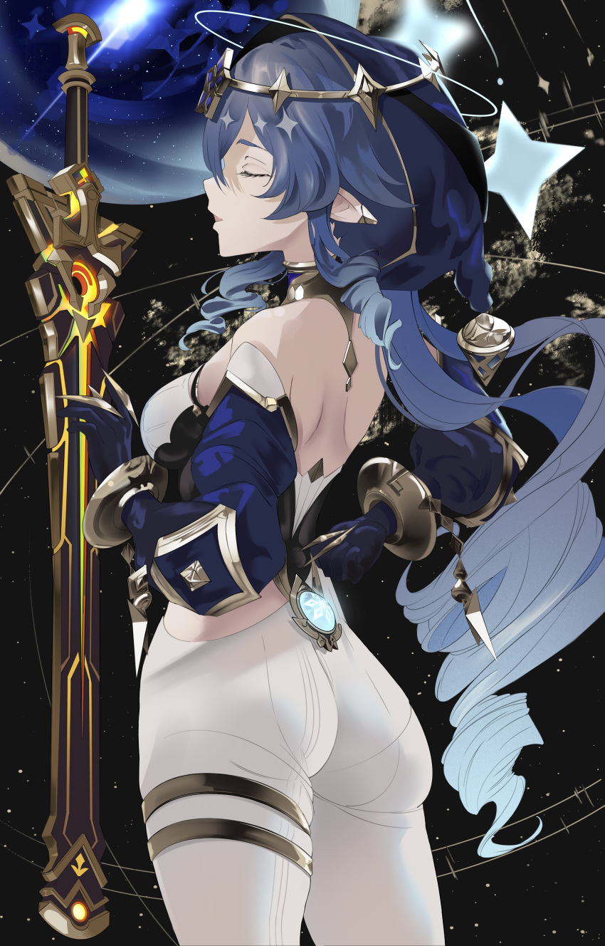 1girl, absurdres, ass, black_gloves, claw_ring, closed_eyes, commentary, cowboy_shot, detached_sleeves, drill_hair, drill_locks, from_side, genshin_impact, gloves, highres, key_of_khaj-nisut_(genshin_impact), layla_(genshin_impact), long_sleeves, nicksuslin, open_mouth, pants, pointy_ears, sky, solo, star_(sky), star_(symbol), starry_sky, sword, twin_drills, vision_(genshin_impact), weapon, white_pants