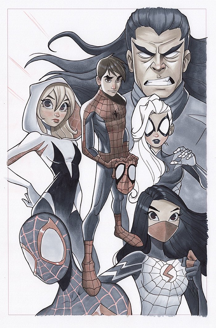 3boys, 3girls, black_cat_(marvel), black_hair, blonde_hair, bodysuit, breasts, brown_eyes, brown_hair, character_request, chrissie_zullo, closed_mouth, full_body, gloves, gwen_stacy, hand_on_hip, long_hair, looking_at_viewer, marvel, mask, mouth_mask, multiple_boys, multiple_girls, peter_parker, short_hair, silk, silk_(marvel), simple_background, skin_tight, spider-gwen, spider-man, spider-man:_into_the_spider-verse, spider-man_(miles_morales), spider-man_(series), spider_web, spider_web_print, superhero, teeth, white_background