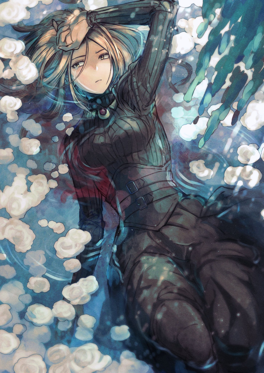 1girl, arm_up, black_jacket, black_pants, blood, brown_hair, catiua_powell, closed_mouth