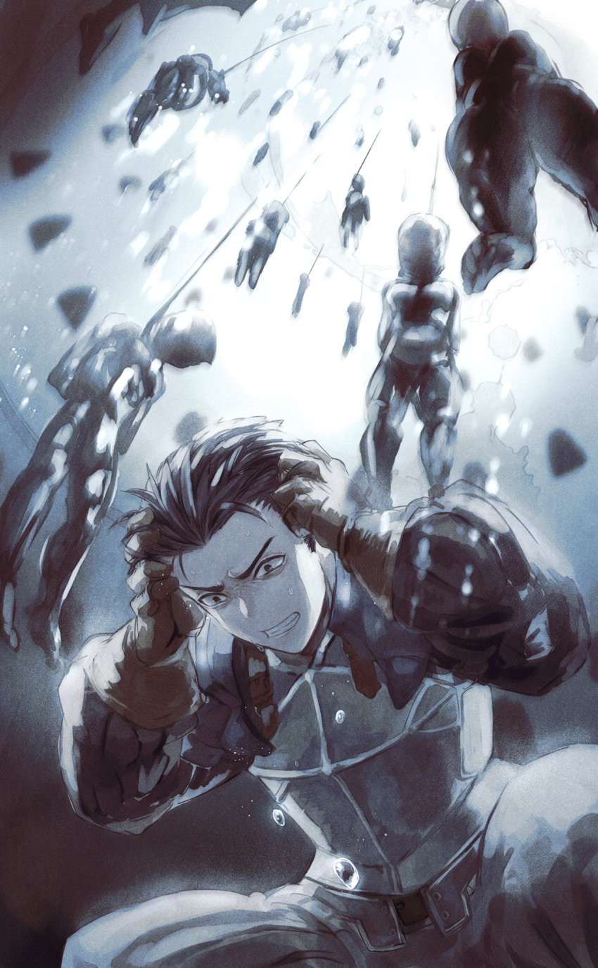 1boy, armor, breastplate, clenched_teeth, corpse, frown, gloves, greyscale