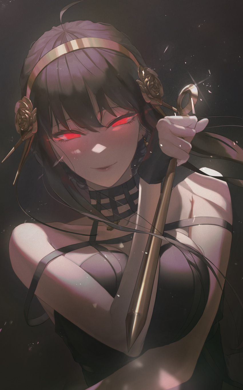 1girl, absurdres, bangs, black_choker, black_dress, black_hair, breasts, brown_hairband
