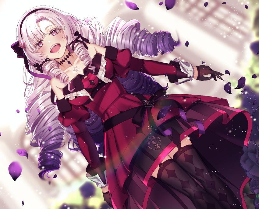 1girl, :d, argyle, argyle_legwear, black_choker, black_gloves, black_thighhighs, blurry