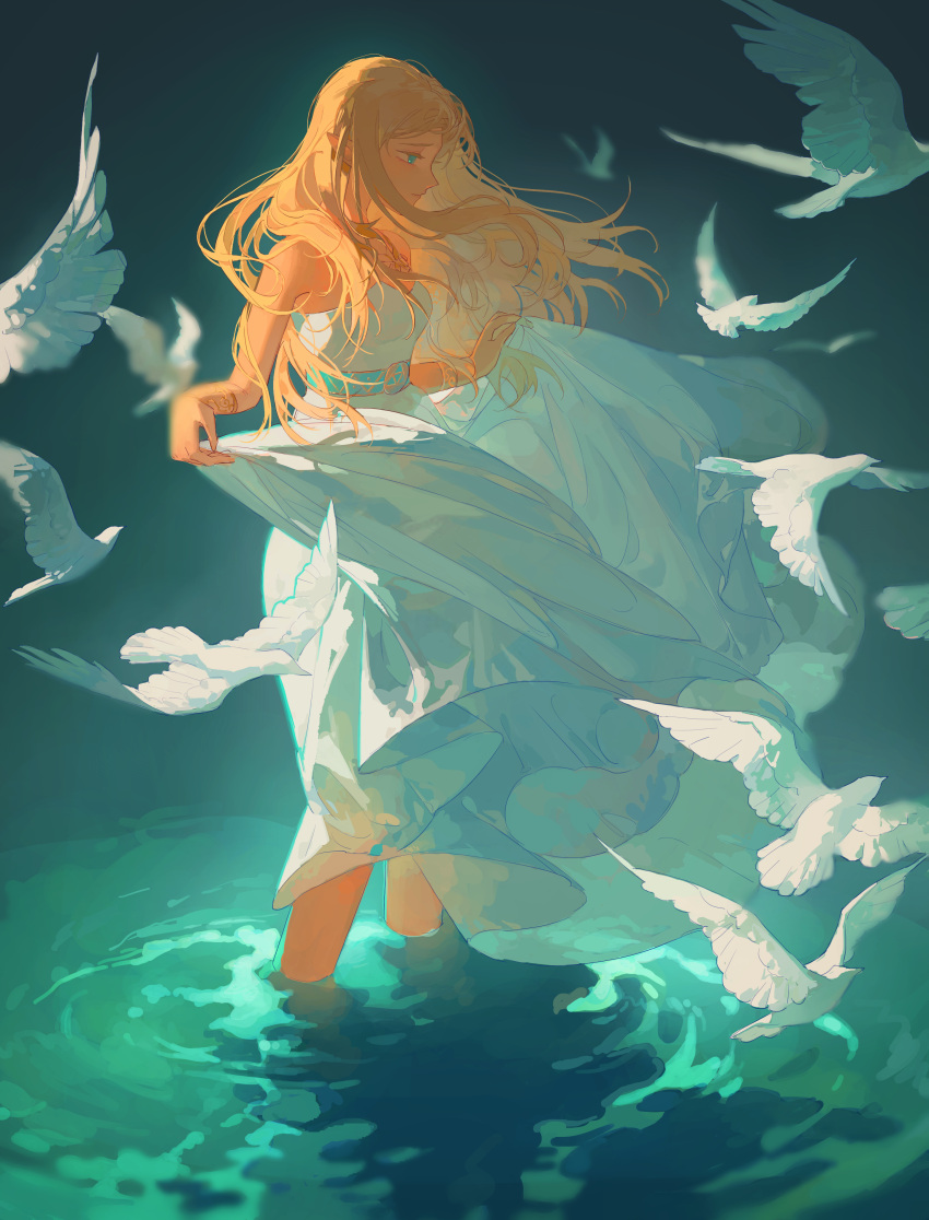 1girl, absurdres, bare_shoulders, belt, bird, blonde_hair, blue_eyes, blue_theme