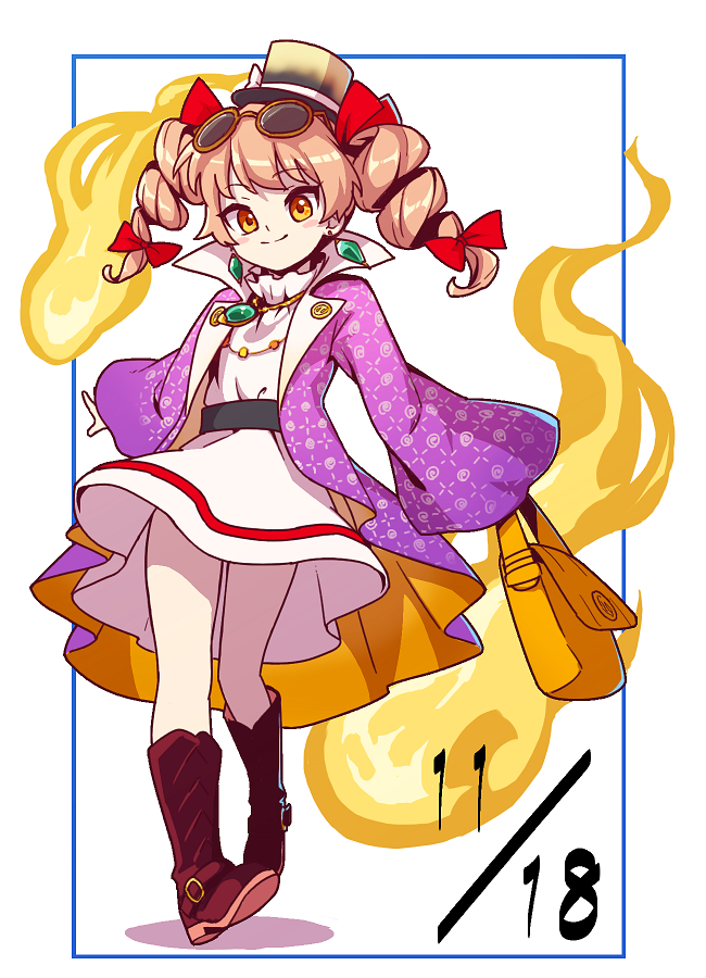 1girl, bag, brown_footwear, closed_mouth, coat, dated, dress, drill_hair