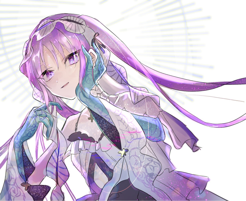 1girl, blue_gloves, choker, detached_sleeves, dress, elbow_gloves, euryale_(fate), euryale_(lostroom_outfit)_(fate)