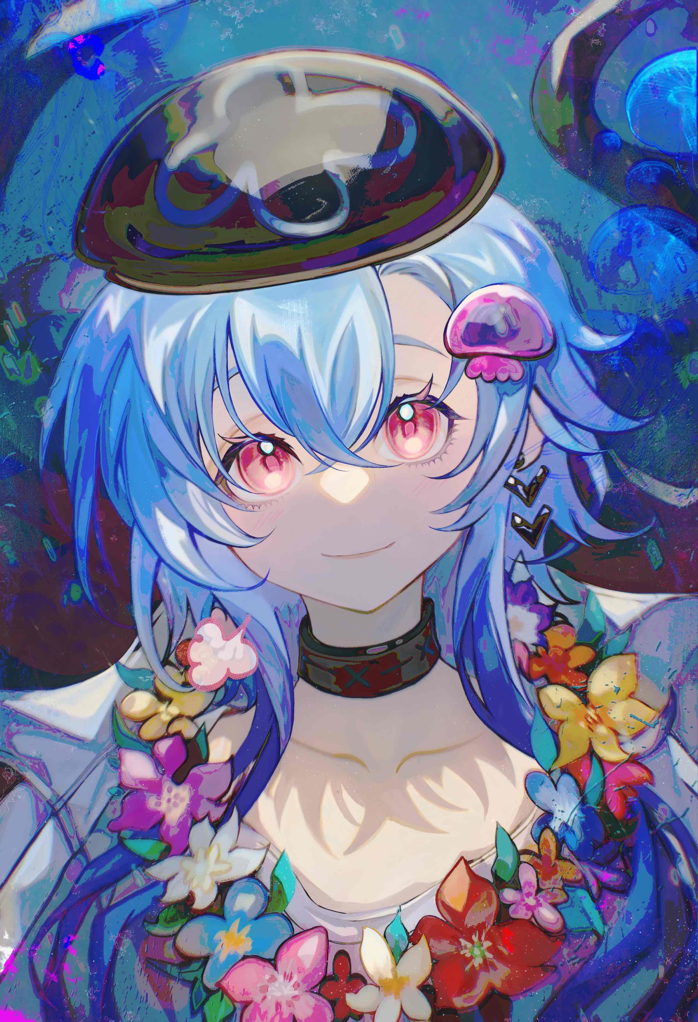 1boy, absurdres, arknights, black_headwear, blue_flower, blue_hair, closed_mouth, collarbone