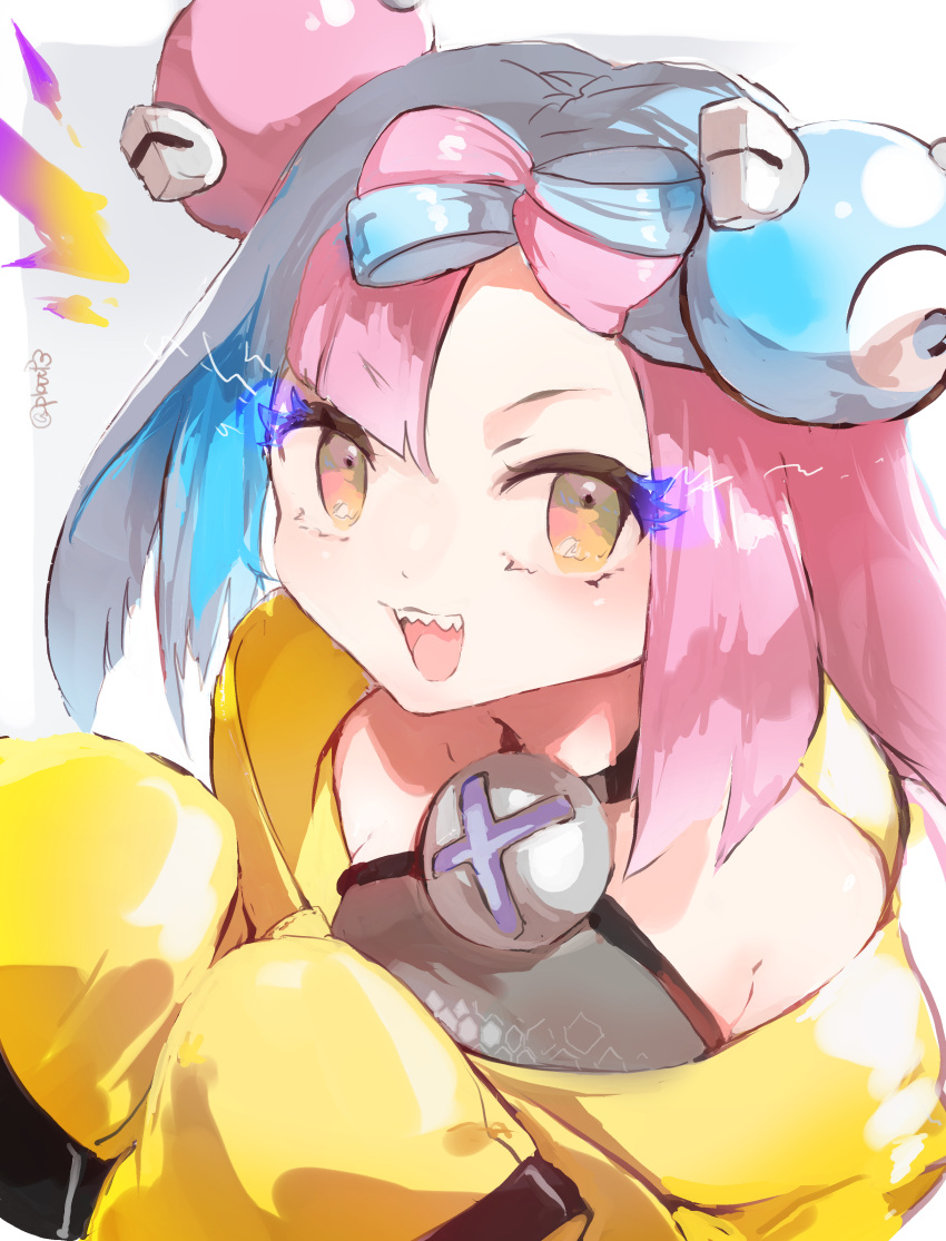 1girl, absurdres, bow-shaped_hair, character_hair_ornament, hair_ornament, hexagon_print, highres, iono_(pokemon), jacket, kamono, oversized_clothes, pokemon, pokemon_(game), pokemon_sv, sharp_teeth, solo, teeth, x, yellow_jacket