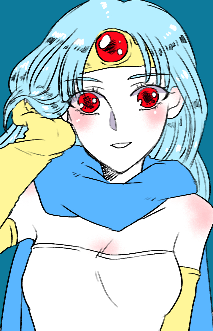 1girl, blue_hair, blush, breasts, cape, circlet, dragon_quest, dragon_quest_iii
