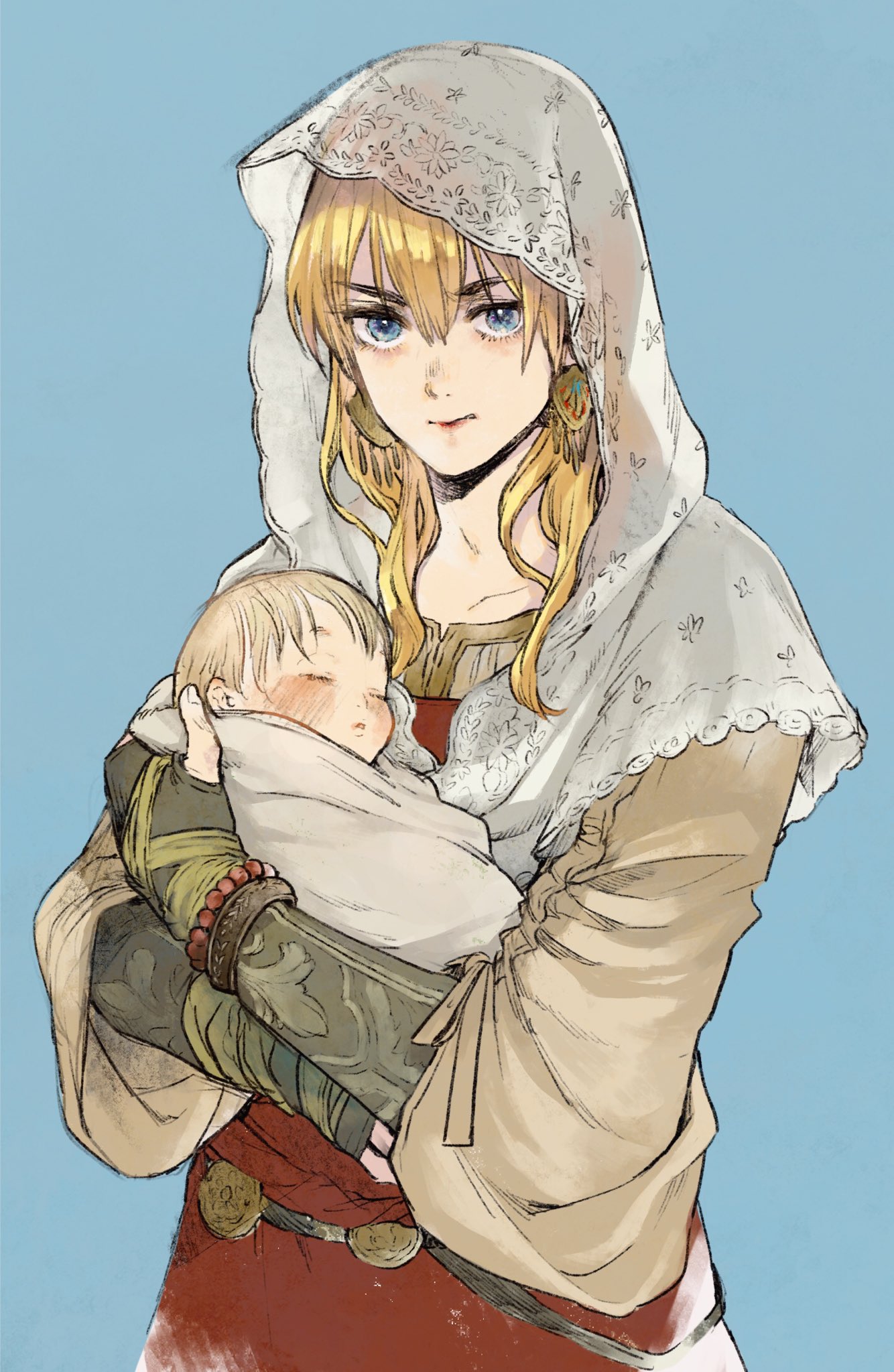 2boys, baby, blonde_hair, blue_eyes, closed_mouth, earrings, father_and_son, gensou_suikoden