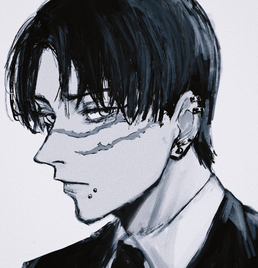 1boy, black_hair, black_jacket, black_necktie, chainsaw_man, collared_shirt, curtained_hair, ear_piercing