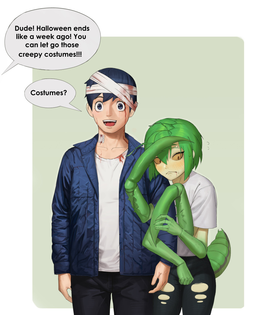 1boy, 1girl, :d, absurdres, arthropod_girl, bandages, bandaid, bite_mark