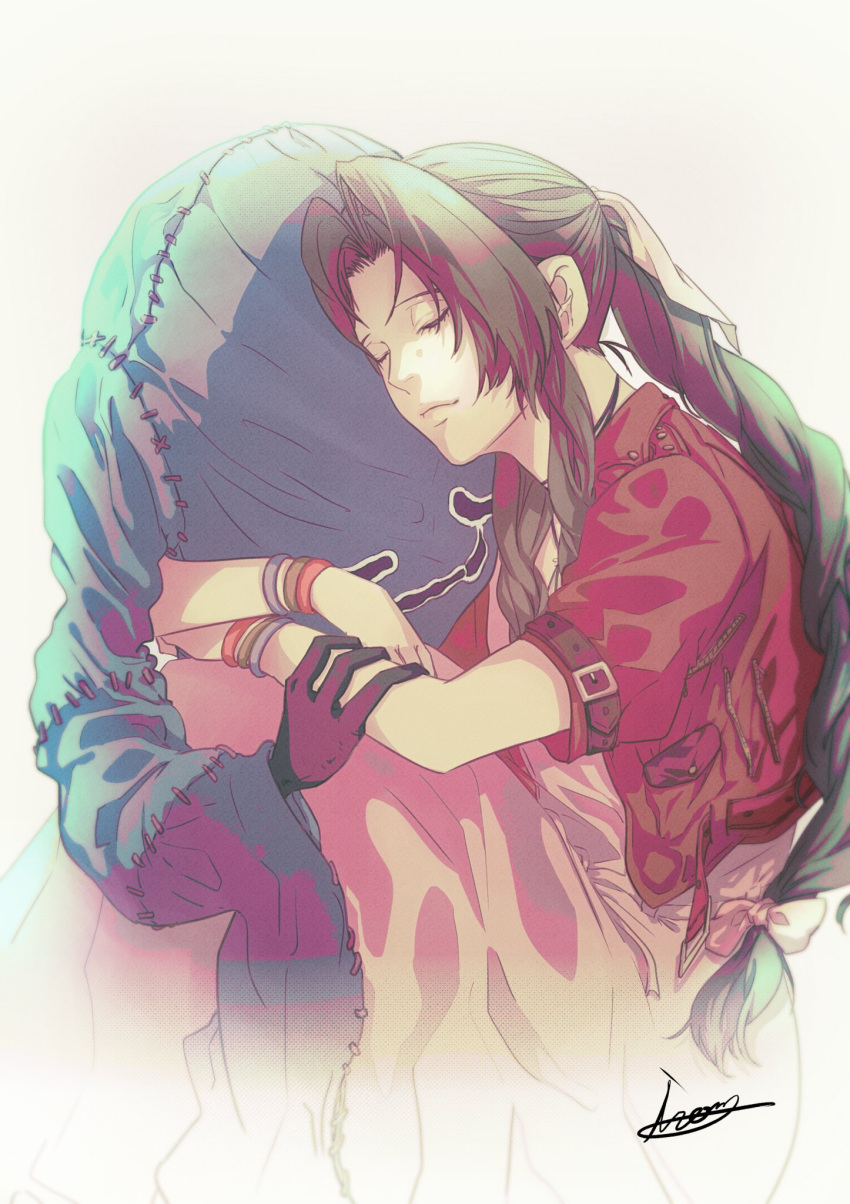 1girl, 1other, aerith_gainsborough, bangle, bangs, bracelet, braid, braided_ponytail