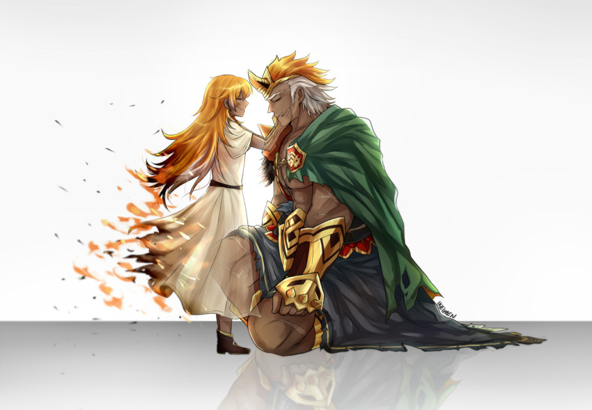 1boy, 1girl, abs, armor, bangs, brother_and_sister, burning, burnt_clothes