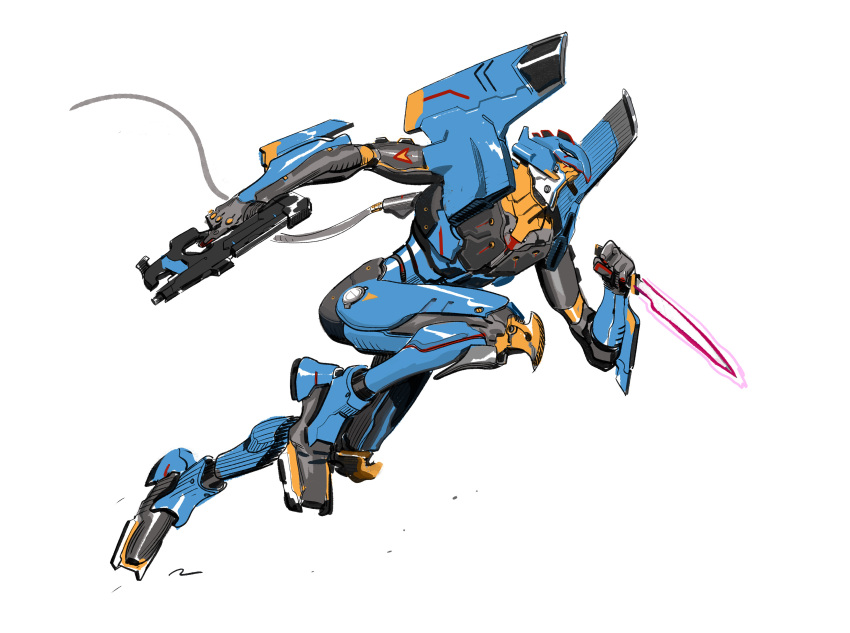 absurdres, alien, armor, cable, concept_art, energy_weapon, evangelion_(mecha), gun, highres, ink_(medium), knife, marker_(medium), mecha, monster, neon_genesis_evangelion, no_humans, original, oruam, redesign, robot, running, scan, science_fiction, simple_background, sketch, solo, submachine_gun, traditional_media, weapon, western_comics_(style)