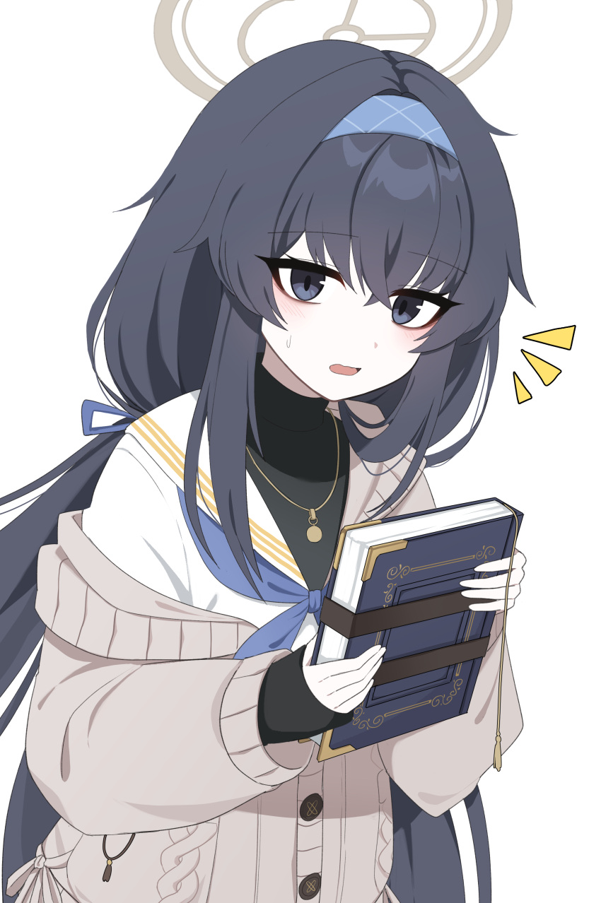 1girl, absurdres, bangs, black_eyes, black_hair, blue_archive, book, bow