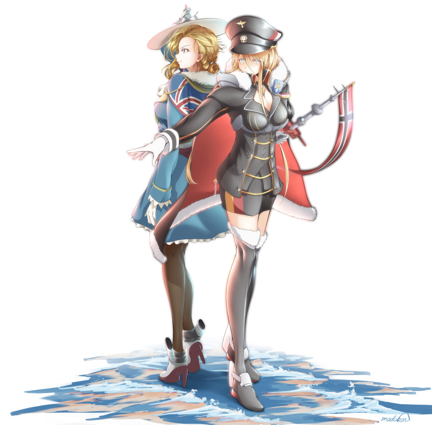 2girls, absurdres, asymmetrical_hair, azur_lane, back-to-back, bismarck_(azur_lane), bismarck_(coat_of_arms), black_footwear