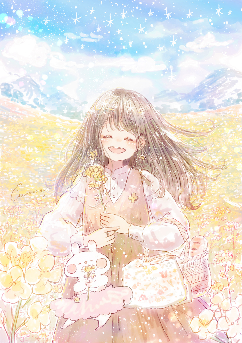 1girl, ^_^, artist_name, bangs, basket, blue_sky, blush_stickers, bread