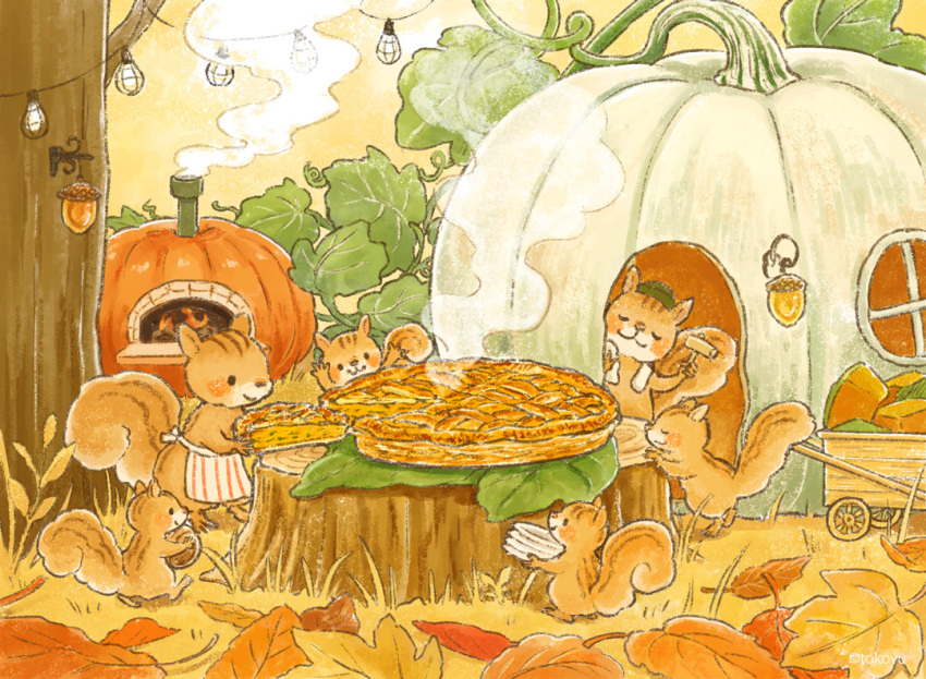 acorn, animal, apron, autumn, autumn_leaves, brown_fur, chimney, food