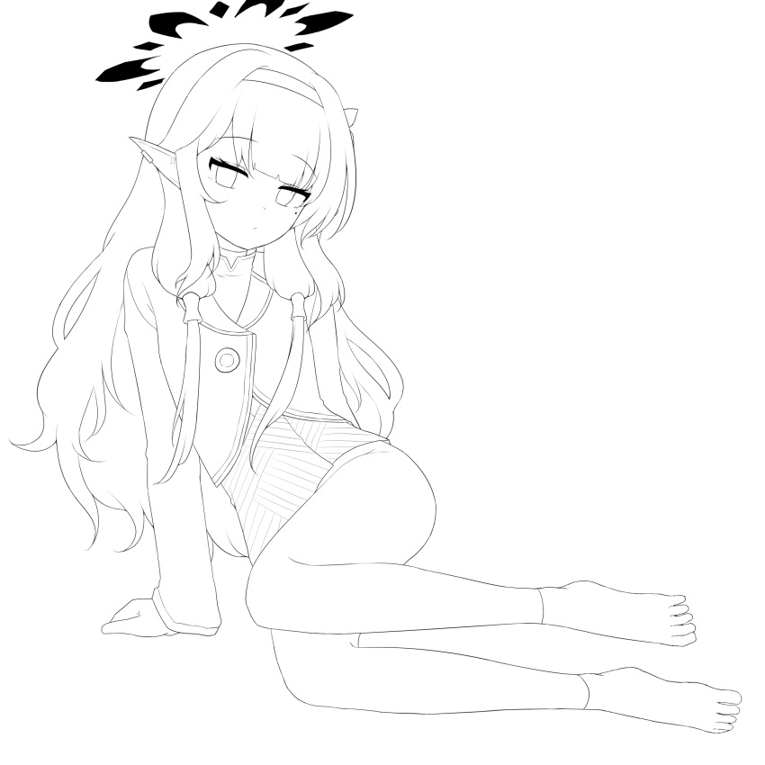 1girl, absurdres, barefoot, black_gloves, blue_archive, demon_ears, ear_piercing, gloves