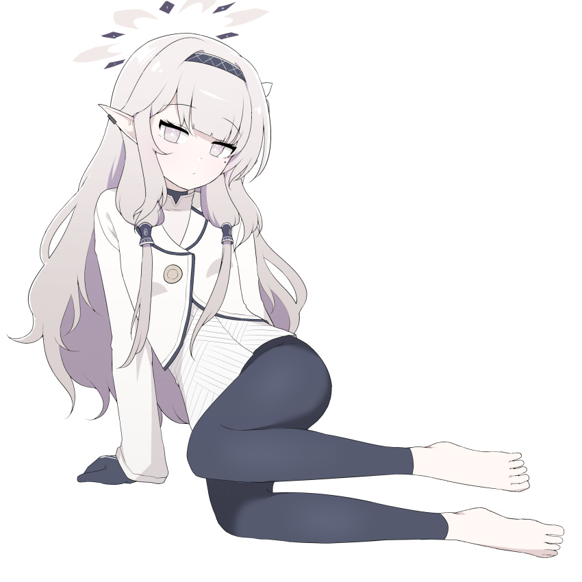 1girl, absurdres, barefoot, black_gloves, blue_archive, demon_ears, ear_piercing, gloves