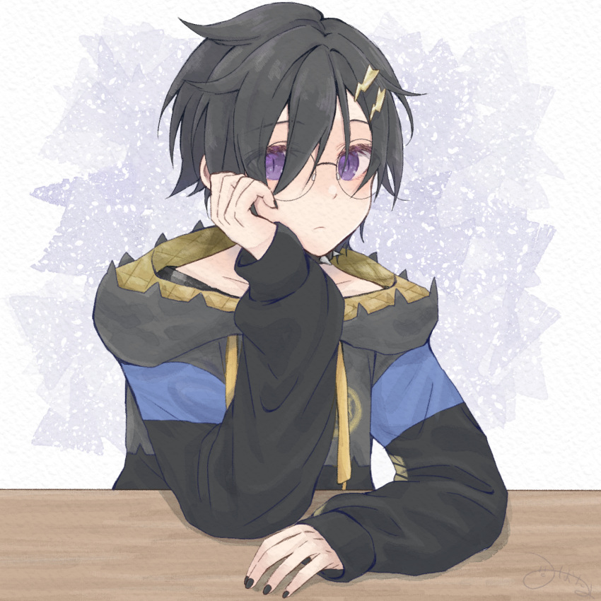 1boy, bespectacled, black_hair, black_hoodie, black_nails, black_shirt, closed_mouth, drawstring