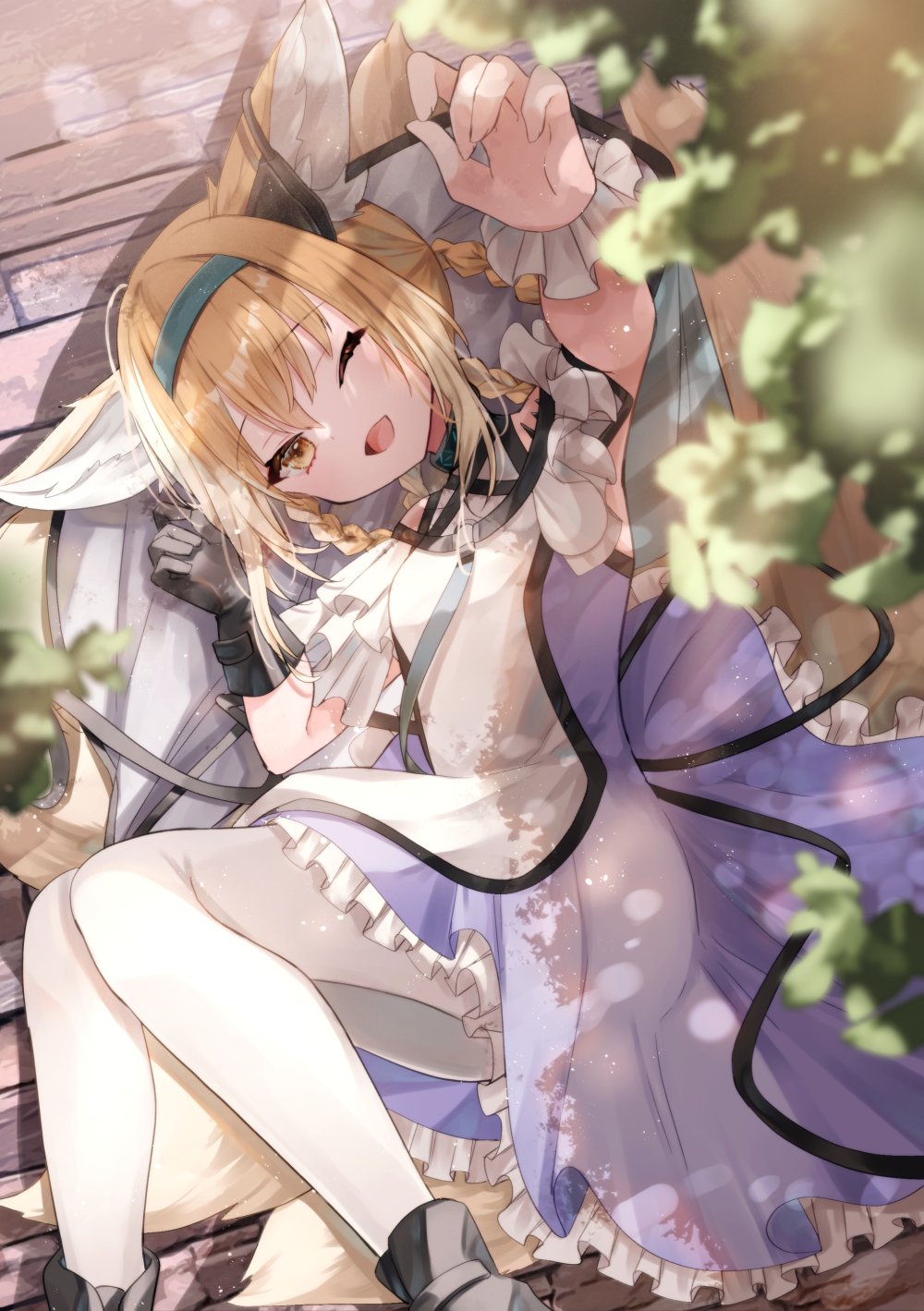 1girl, ;d, animal_ear_fluff, animal_ears, arknights, bangs, bare_shoulders, black_footwear