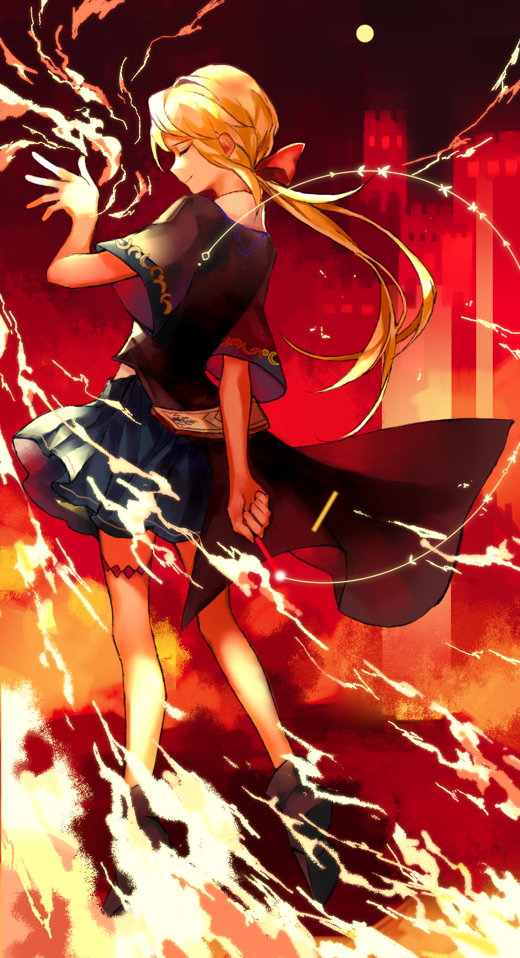 black_dress, black_footwear, blonde_hair, bow, closed_eyes, dress, fire, full_moon