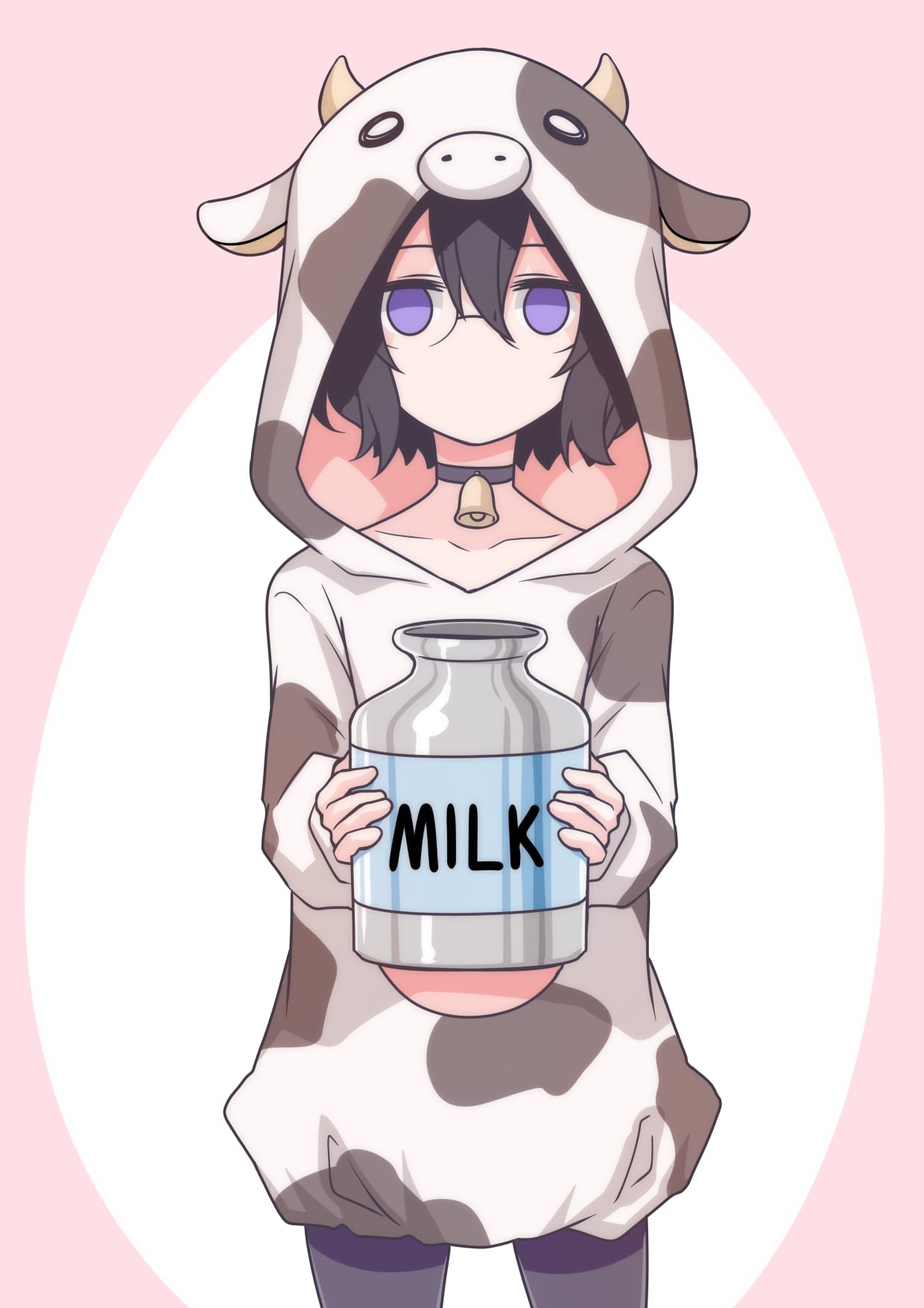 1girl, animal_costume, bell, black_thighhighs, cow_costume, glasses, highres, holding