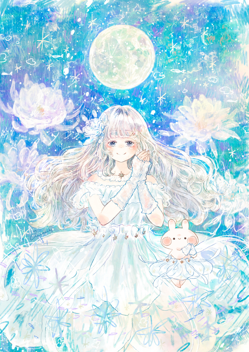 1girl, arm_warmers, artist_name, bangs, blue_eyes, blue_flower, blue_sky, blue_theme