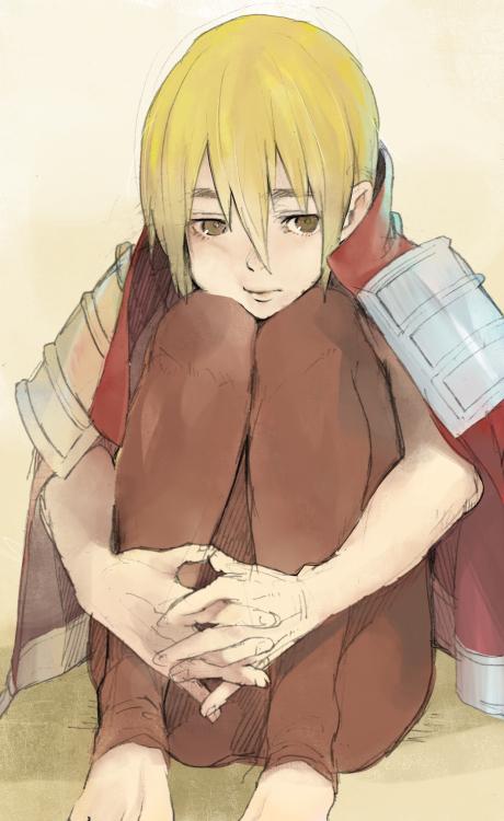 1boy, barefoot, blonde_hair, closed_mouth, feet_out_of_frame, gensou_suikoden, gensou_suikoden_v, looking_at_viewer