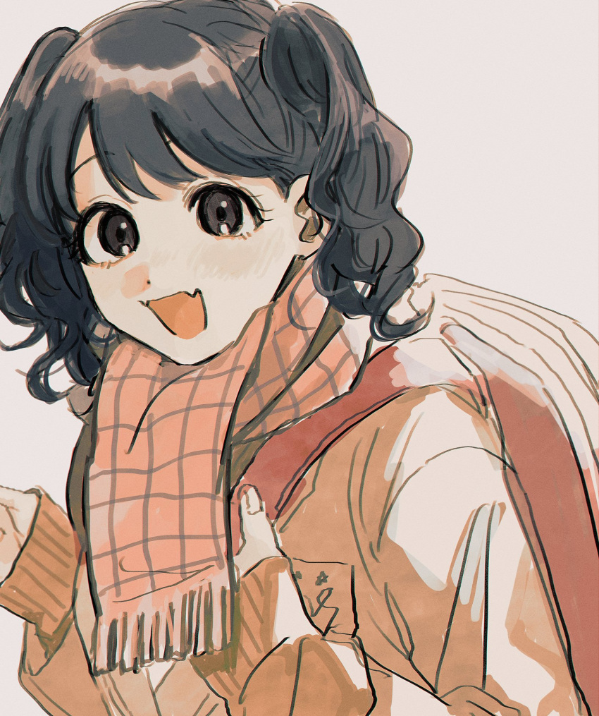 1girl, backpack, bag, bangs, black_eyes, black_hair, blazer, fangs