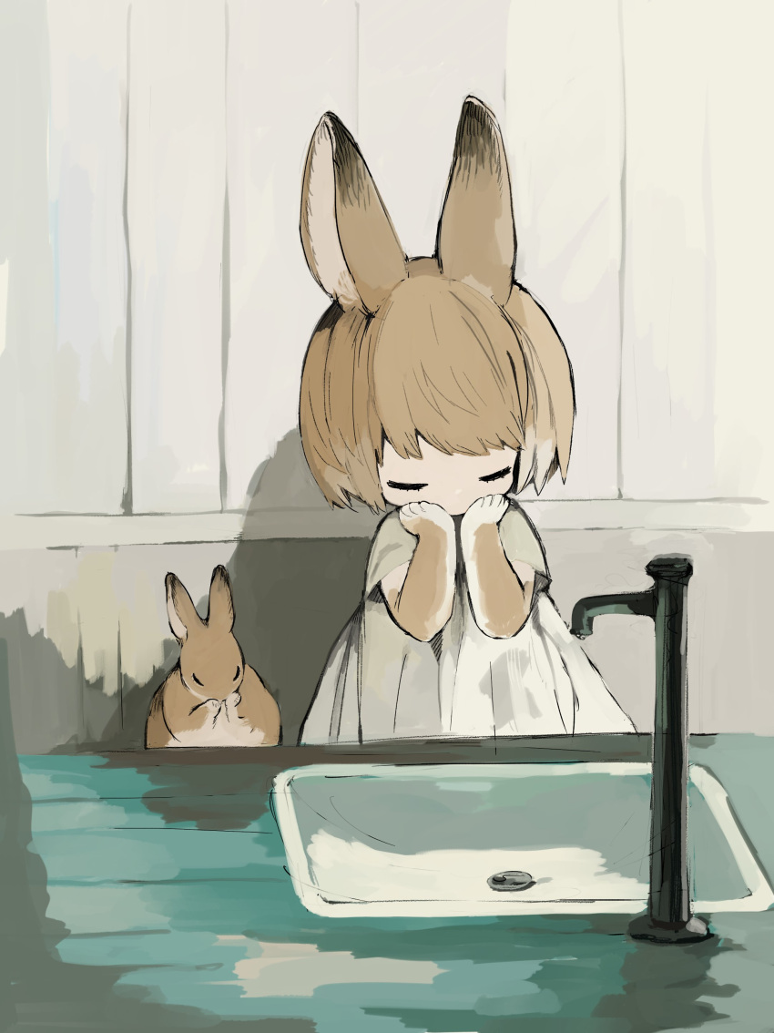 1girl, absurdres, animal, animal_ears, brown_hair, closed_eyes, dress, hands_on_own_face