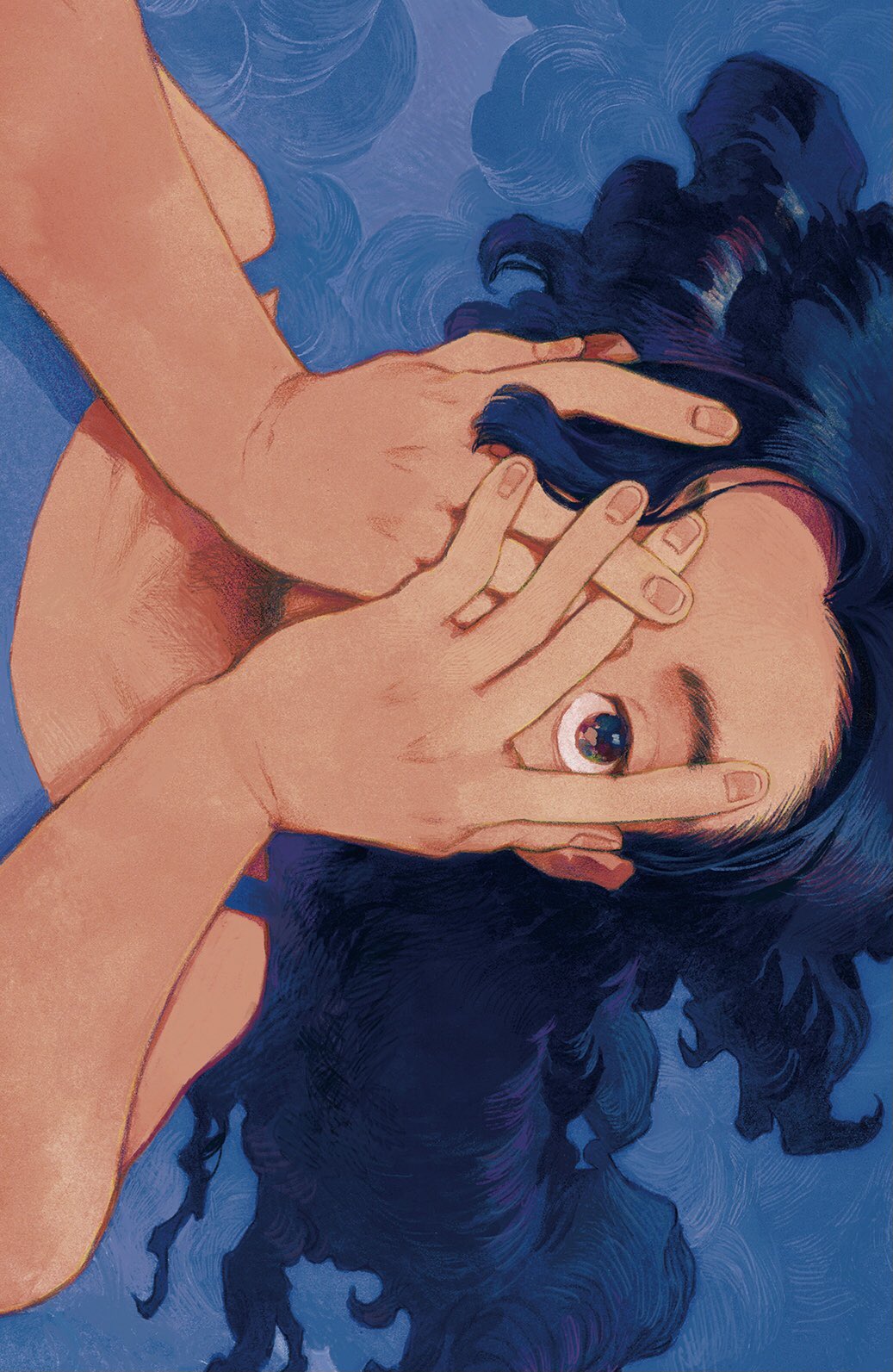 1girl, black_hair, blue_background, covering_face, floating_hair, hands_up, highres, kan0nakan0