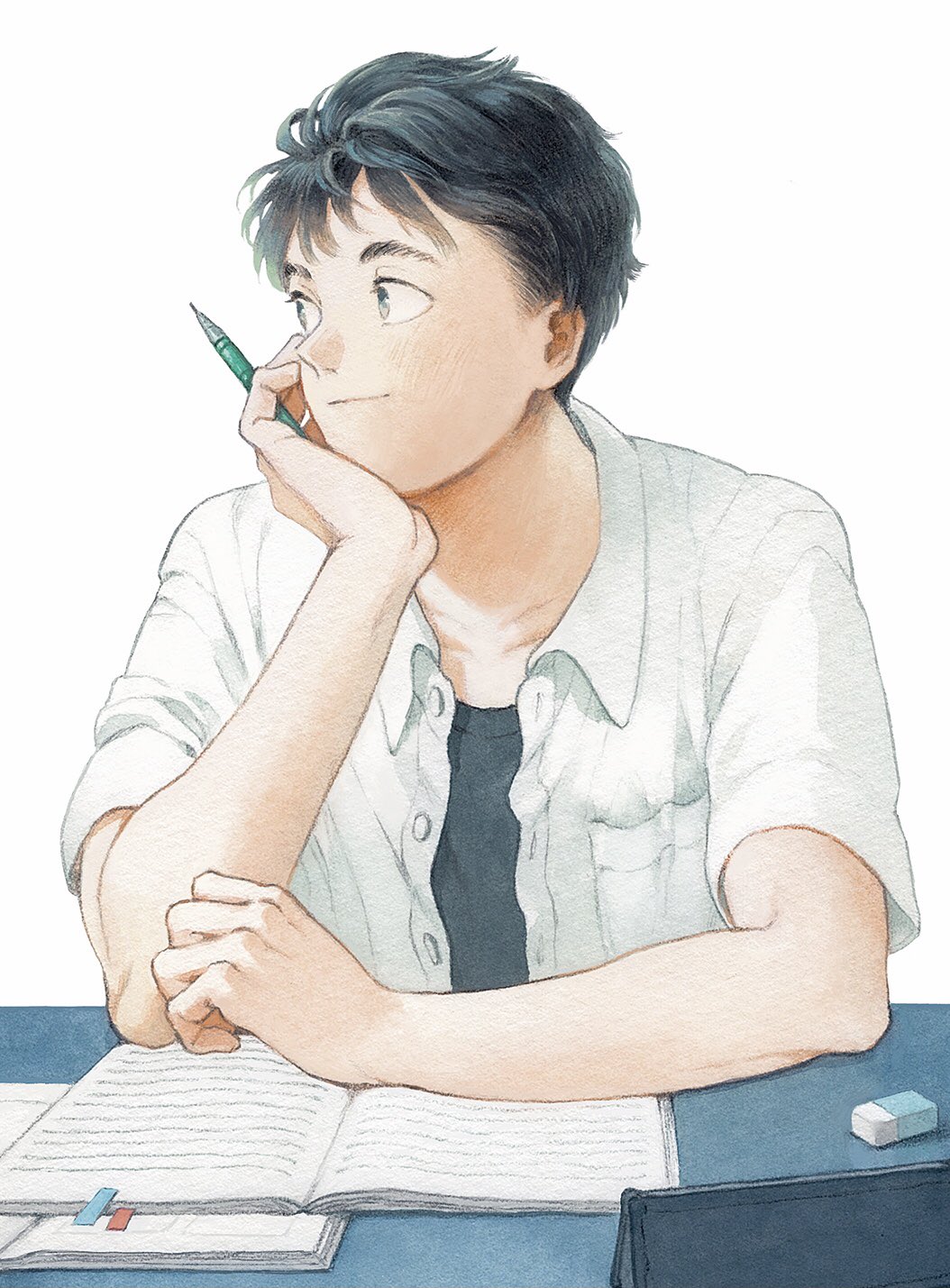 1boy, black_hair, book, eraser, hand_up, highres, kan0nakan0, looking_to_the_side