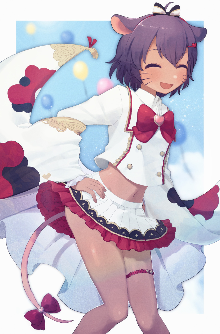 1girl, absurdres, animal_ears, balloon, bow, crop_top, dark_skin, facial_mark