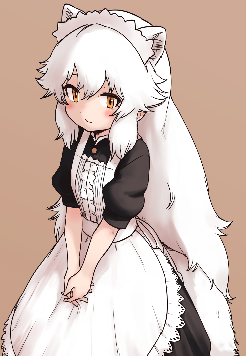 1girl, alternate_costume, animal_ears, apron, arctic_fox_(kemono_friends), black_dress, blush, collar