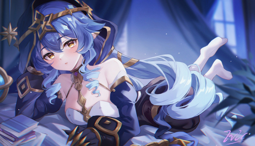 1girl, bangs, bare_shoulders, black_gloves, blue_hair, blue_hood, blush, book