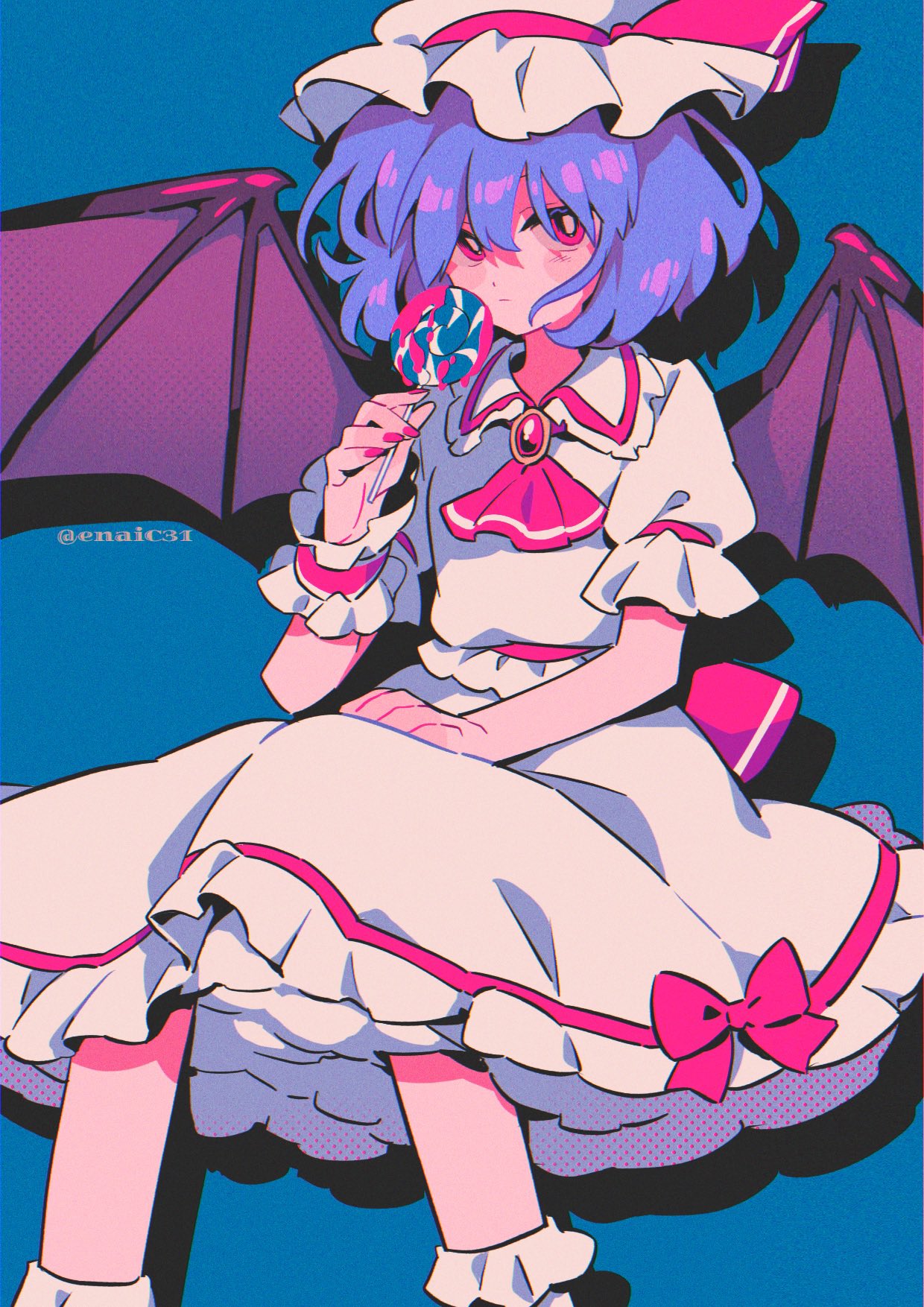 1girl, ascot, bat_wings, blue_background, blush_stickers, bright_pupils, brooch, candy